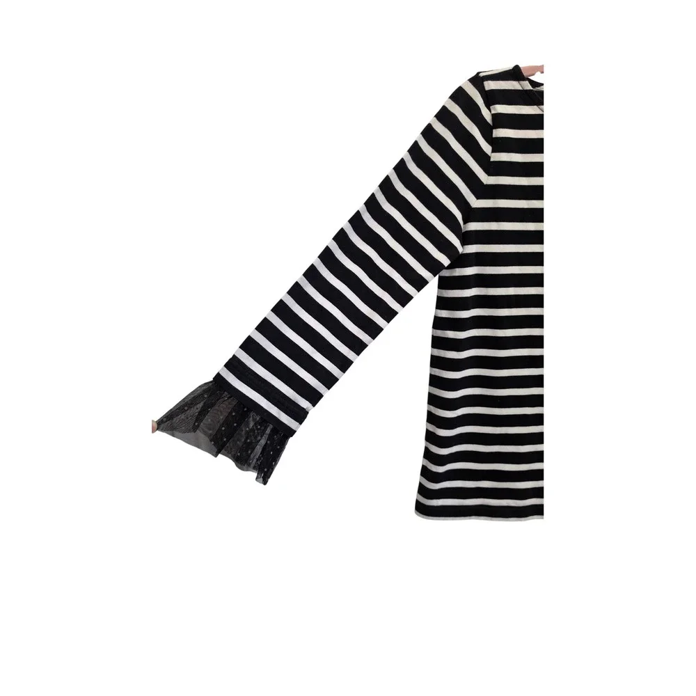 J Crew Womens XS Black White Breton Striped Boatneck Top Tulle Ruffle Cuff
